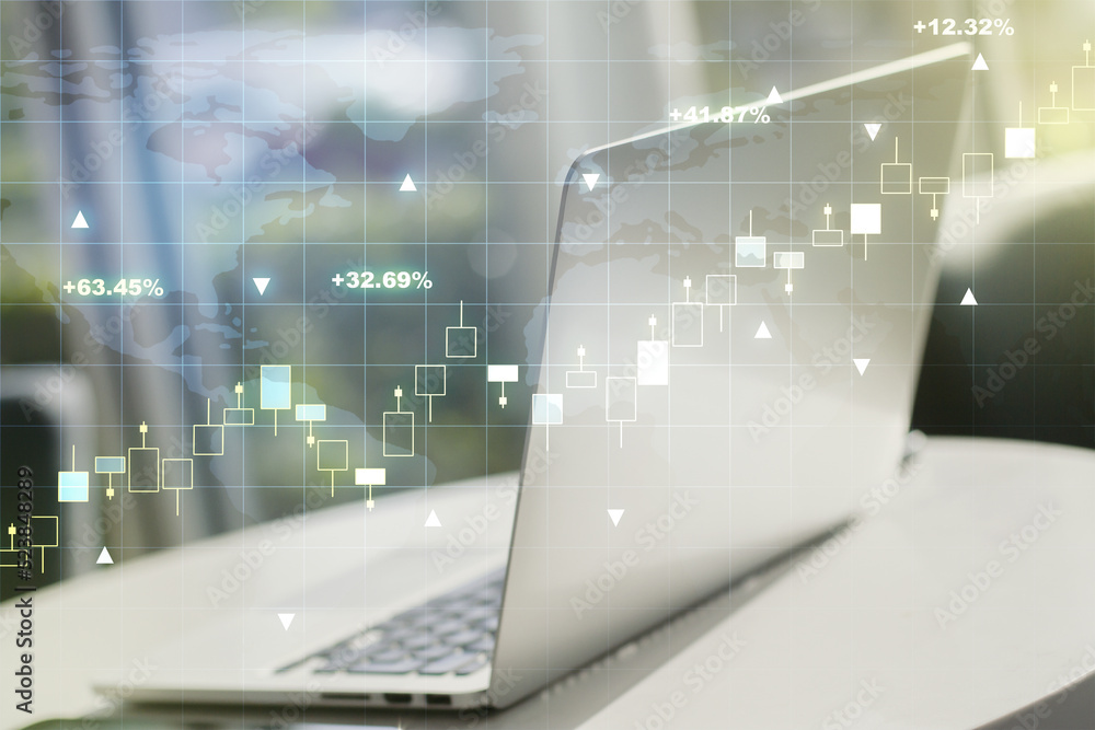 Poster multi exposure of abstract financial graph with world map on modern computer background, financial a
