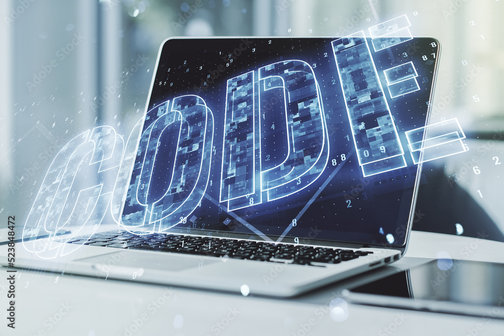 Poster creative code word sign on modern computer background, international software development concept. m