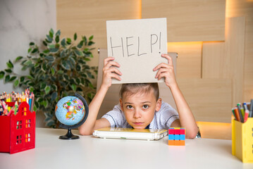 funny schoolboy holding a sign help sitting at the desk at school with globe