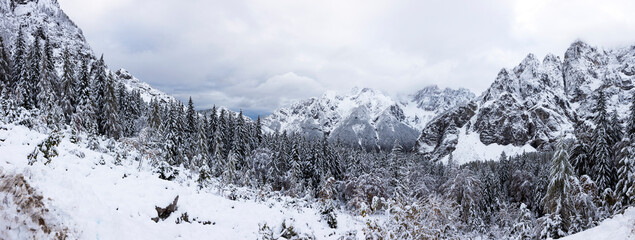 Winter Mountain landscape in Julian Alps Slovenia on Mountain Pass Road of Vrsic Slovenia