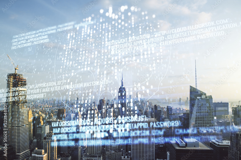 Poster double exposure of abstract virtual creative code skull hologram on new york city skyscrapers backgr
