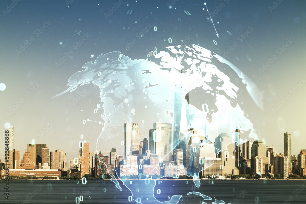 Aufkleber abstract virtual coding concept and world map hologram on new york city skyline background. multiexp