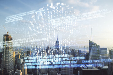 Double exposure of abstract virtual creative code skull hologram on New York city skyscrapers background. Malware and cyber crime concept