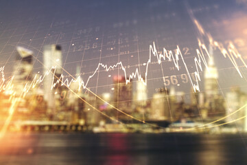 Obraz premium Abstract virtual financial graph hologram on blurry skyline background, forex and investment concept. Multiexposure