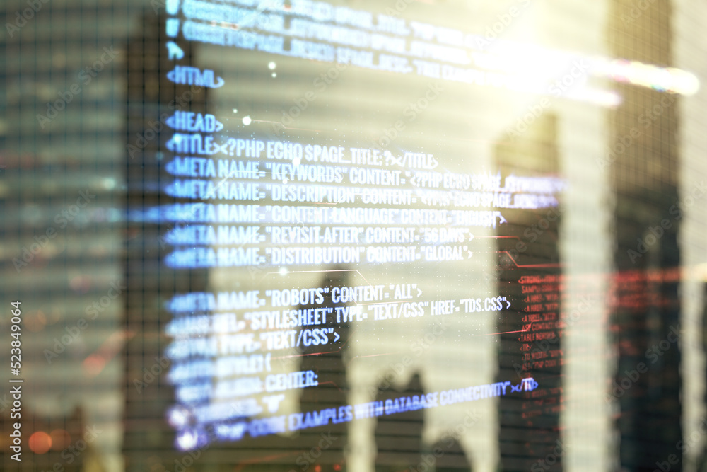 Poster multi exposure of abstract programming language hologram on blurry cityscape background, artificial 