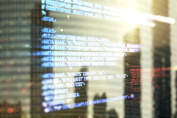 Multi exposure of abstract programming language hologram on blurry cityscape background, artificial intelligence and machine learning concept