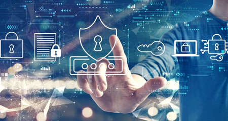 Cyber security theme with a man on blurred city background