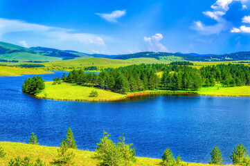 Aerial view over mountain lake at Zlatibor, Serbia.
