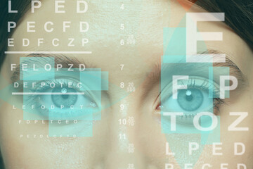 Closeup view of woman and eye chart illustration. Visiting ophthalmologist