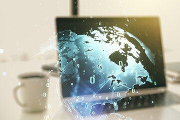 Multi exposure of abstract creative coding sketch with world map on modern laptop background, artificial intelligence and neural networks concept