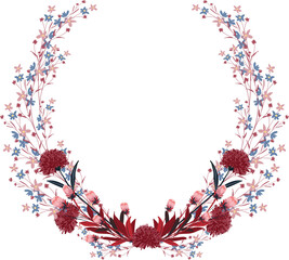 Blooming florals wreath with leaves and  flowers frame illustration