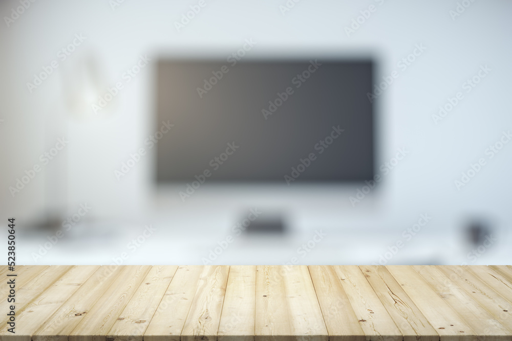 Aufkleber empty office wooden table with empty space on modern workplace with computer background, closeup, mo
