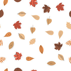 Fall leaf vector illustration. Seamless pattern. Hand drawn colorful design. Isolated graphic symbols. Autumn art sign. Nature abstract concept. Organic line elements