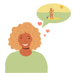 Smiling metis girl with curly hair dreaming about summer and paddleboarding, flat vector