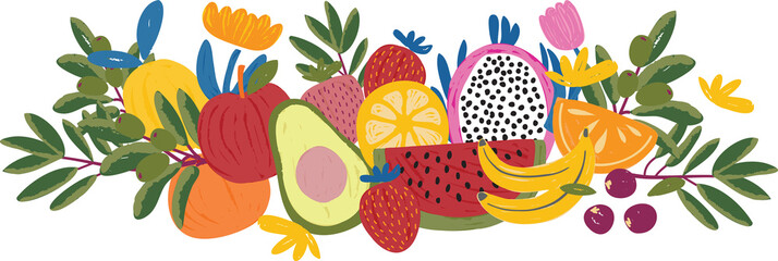 Cute summer mixed fruits wreath and frame illustration