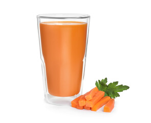 Glass of carrot juice and cut vegetable on white background