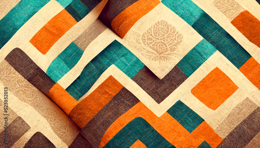 Aufkleber 3d render close up shot of indian fabric with colorful pattern. abstract background.