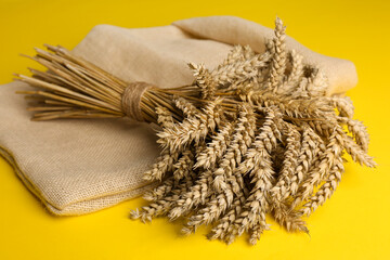 Bunch of wheat and sack bag on yellow background, closeup