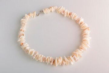 Close-up of a shell necklace with a defocused background. Handmade jewelry