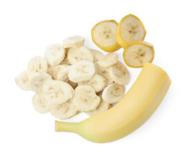 Sweet sublimated and fresh bananas on white background, top view