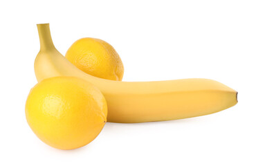 Banana and lemons symbolizing male genitals on white background. Potency concept