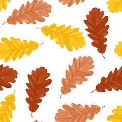 Oak leaf seamless pattern. Autumn background with fallen leaves on white. Cartoon vector illustration.
