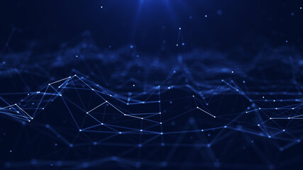 Connection concepts The Internet network comes from a polygonal connection using dots and lines, consisting of a dark blue background with space above it.