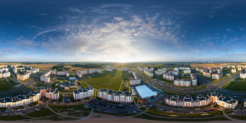 Fototapeta premium aerial full seamless spherical 360 hdri panorama view overlooking of residential area of high-rise buildings in equirectangular projection. vr ar content