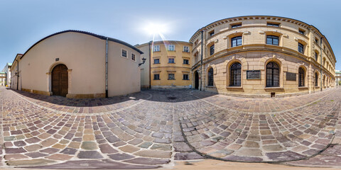 full seamless spherical hdri panorama 360 degrees angle near old houses in narrow courtyard or...