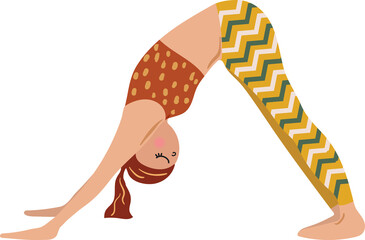 Yoga poses illustrations with woman in sport bra and shorts doing asanas relaxing