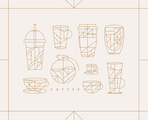 Set of creative modern art deco coffee cups in flat line style drawing on light background.