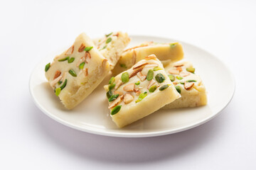 Milk powder barfi also known as Mava burfi, white Khoya burfi or Barfee, Indian Sweet food
