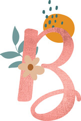 B Alphabet, floral letters with hand drawn flowers and leaves. Isolated monogram initials