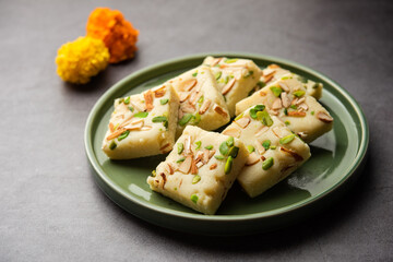 Milk powder barfi also known as Mava burfi, white Khoya burfi or Barfee, Indian Sweet food