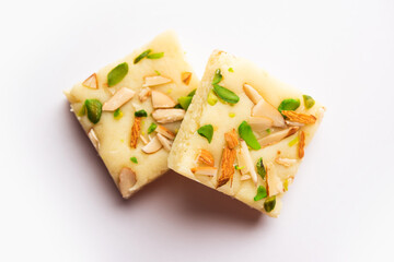 Milk powder barfi also known as Mava burfi, white Khoya burfi or Barfee, Indian Sweet food