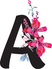 A Alphabet, floral  letters with flowers roses and leaves. monogram initials