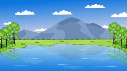 A distant barn on the lush green meadows with mountains and a road vector illustration