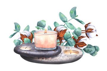 A composition with candles, cotton and eucalyptus, painted in watercolor and isolated on a white background.