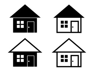 三角屋根の家アイコンセット：窓ドア：黒