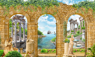 Antique columns with a seascape. Murals, photo wallpapers.