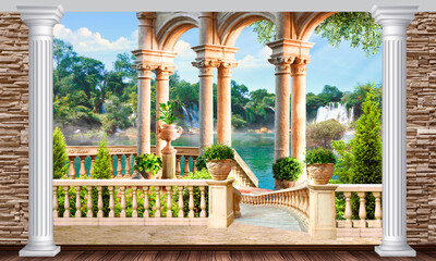 Arches, park, terrace. Digital mural. Wallpaper on the wall.