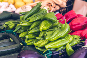 Variety of peppers in the local market. 