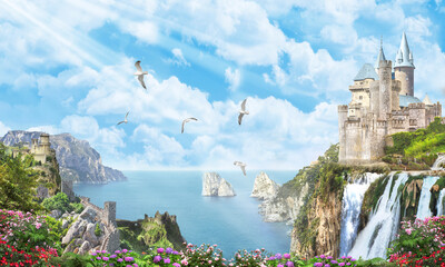 Seascape with an old castle on a cliff and a waterfall. Digital mural.
