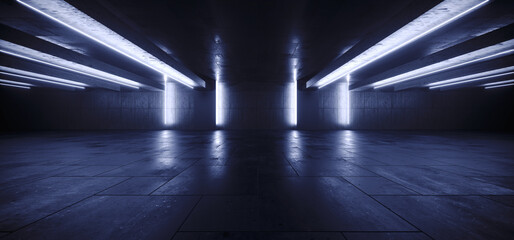 Underground Spaceship Sci Fi Futuristic Neon Led Studio Lights Cement Rough Grunge Concrete Basement Parking Warehouse Tunnel Corridor 3D Rendering