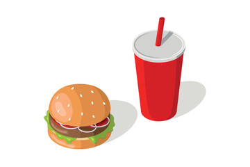 Fast food. Burger and drink isometric illustration