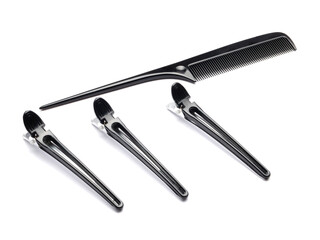 Barber tool, combs for hairstyles, haircuts, barber hair clip, black color. Isolated on white background