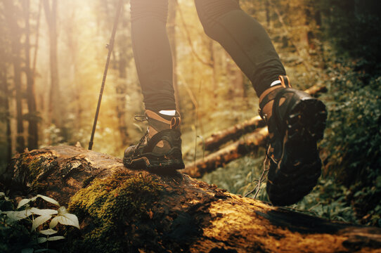 Hiking on trekking mountain trail with closeup of boots and poles