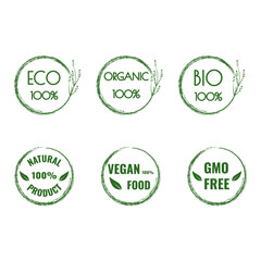 Set of stickers in a green circle. Eco, natural product, bio, vegan food, organic, GMO-free stickers with green leaves. Logo, stamp, label. Ecology of the icon. Organic products. Vector illustration
