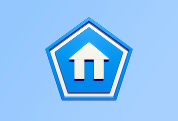 3d Blue color flat styled home house concept icon with white pentagon border. Home icon 3d rendering