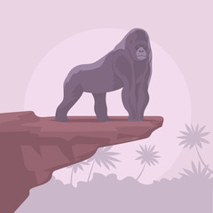 Obraz premium Big gorilla monkey. Standing on a rock. Tropical jungle. Anthropoid primate. Great ape. Wild african animal. Fauna and zoology. Flat vector illustration